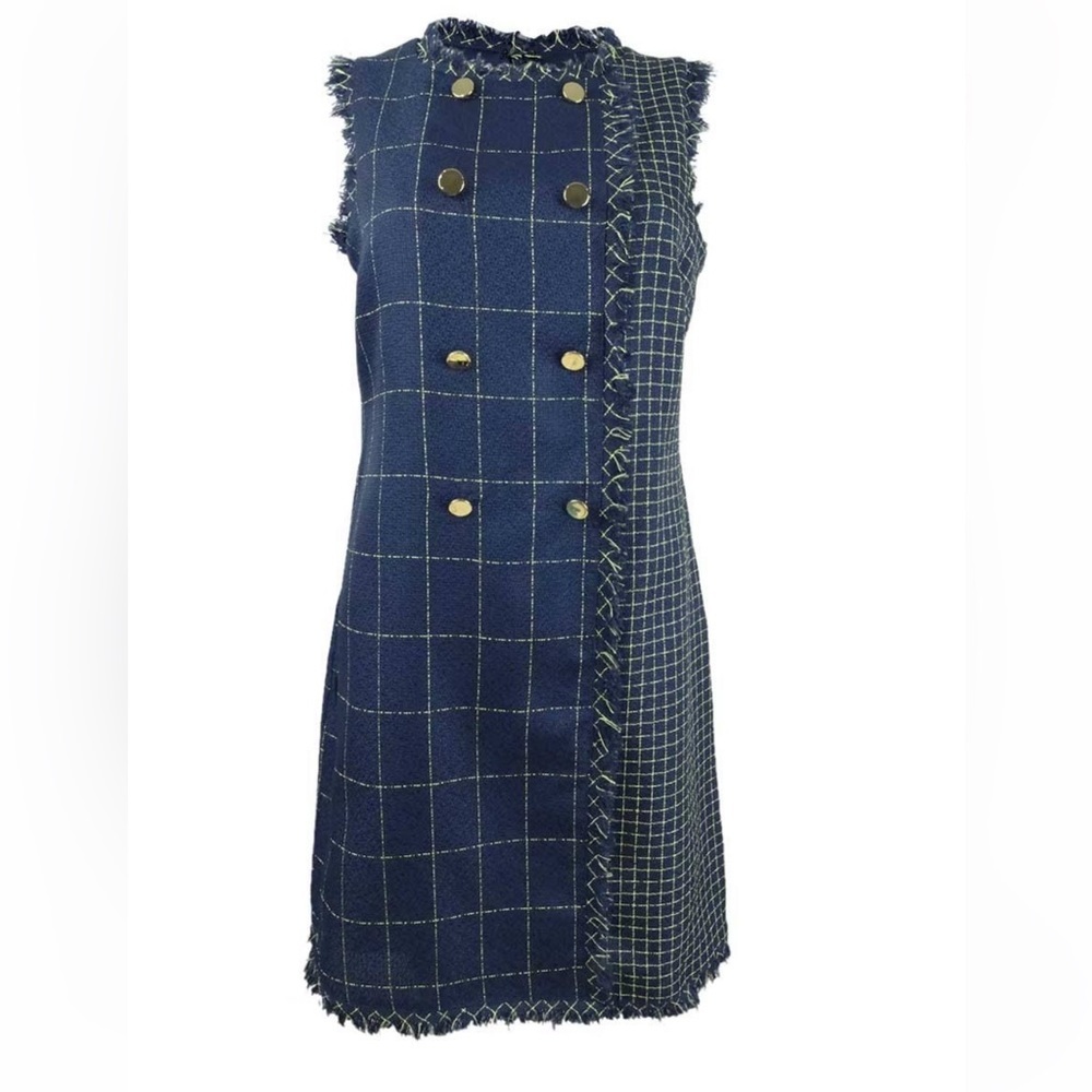 Julia Jordan Mixed Plaid Navy & Yellow Sheath Dress, size 12